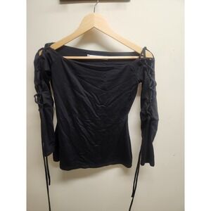 Susana Monaco Womens Black Long Sleeve Off Shoulder Lace Up Top